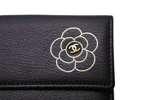 CHANEL シャネル 二つ折り財布 カメリア ココマーク ラムスキン Wホック 15番台 2011年 ブラック ゴールド金具 美品 中古 65265