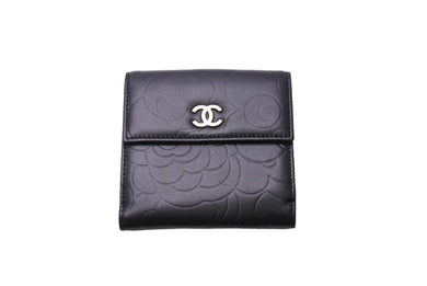 CHANEL シャネル 三つ折り財布 カメリア ココマーク ラムスキン Wホック 16番台 2012年 ブラック ゴールド金具 美品 中古 65280