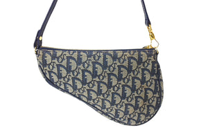 Christian Dior クリスチャンディオール ワンショルダー サドルバッグ トロッター柄 ゴールド金具 ハンドバッグ ネイビー 良品 中古 65321