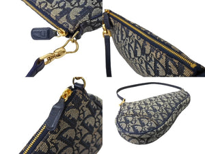 Christian Dior クリスチャンディオール ワンショルダー サドルバッグ トロッター柄 ゴールド金具 ハンドバッグ ネイビー 良品 中古 65321