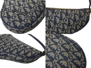 Christian Dior クリスチャンディオール ワンショルダー サドルバッグ トロッター柄 ゴールド金具 ハンドバッグ ネイビー 良品 中古 65321