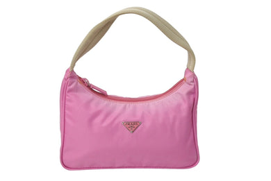PRADA プラダ ホーボー ハンドバッグ MV515 トライアングルロゴ テスートナイロン ピンク ベージュ 美品 中古 65323