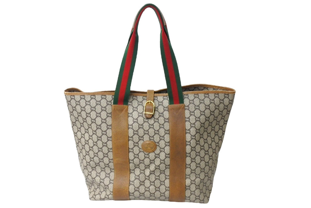 GUCCI グッチ トートバッグ オールドグッチ シェリーライン GG柄 PVCレザー ゴールド金具 グリーン レッド ブラウン 良品 中古 65325 