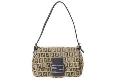 FENDI フェンディ マンマバケット ハンドバッグ ズッキーノ柄 キャンバス レザー ブラウン シルバー金具 美品 中古 65334