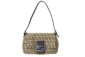 FENDI フェンディ マンマバケット ハンドバッグ ズッキーノ柄 キャンバス レザー ブラウン シルバー金具 美品 中古 65334 