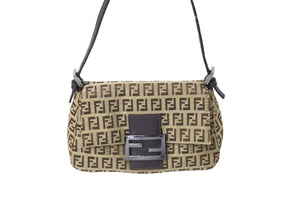 FENDI フェンディ マンマバケット ハンドバッグ ズッキーノ柄 キャンバス レザー ブラウン シルバー金具 美品 中古 65334 