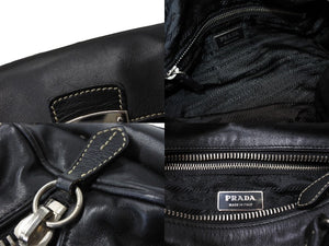 PRADA プラダ サイドポケット ショルダーバッグ トライアングルロゴ WS7940 レザー ブラック シルバー金具 美品 中古 65347