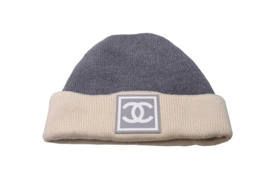 CHANEL シャネル ニットキャップ 帽子 スポーツライン ココマーク ベージュ グレー 美品 中古 65351