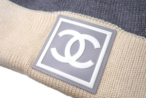 CHANEL シャネル ニットキャップ 帽子 スポーツライン ココマーク ベージュ グレー 美品 中古 65351