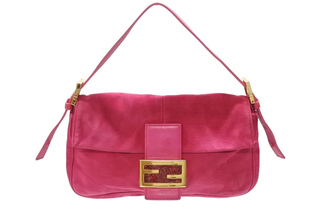 FENDI フェンディ マンマバケット ワンショルダーバッグ ラメ スエード レザー ショッキングピンク ゴールド金具 美品 中古 4b006540