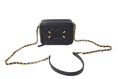 極美品 CHANEL シャネル CCフィグリー ミニチェーンショルダーバッグ A84452 キャビアスキン ブラック ゴールド金具 中古 65412