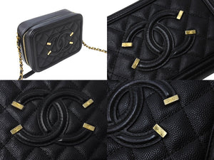 極美品 CHANEL シャネル CCフィグリー ミニチェーンショルダーバッグ A84452 キャビアスキン ブラック ゴールド金具 中古 65412