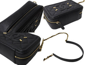 極美品 CHANEL シャネル CCフィグリー ミニチェーンショルダーバッグ A84452 キャビアスキン ブラック ゴールド金具 中古 65412