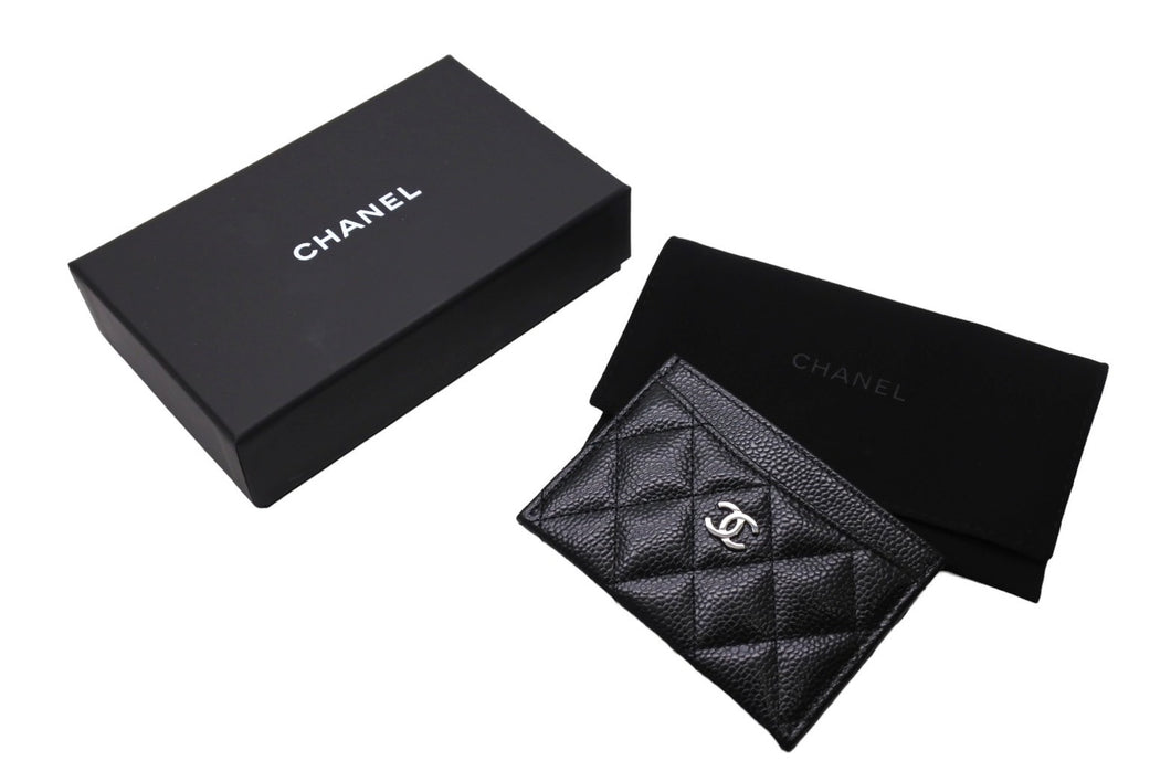 新品同様 CHANEL シャネル カードケース ココマーク キャビアスキン シリアルランダム ブラック シルバー金具 中古 65417 正規品