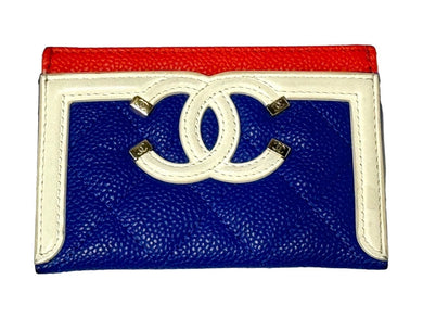 CHANEL シャネル CCフィリグリー カードケース 27番台 ブルー レッド ホワイト キャビアスキン ココマーク ロゴ 小物 良品 中古 65446