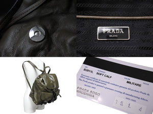 極美品 PRADA プラダ リュック デイパック トライアングルロゴ B2811L レザー シルバー金具 カーキ 中古 65474 