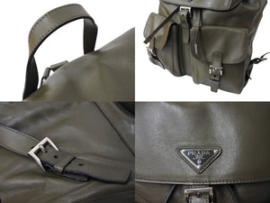 極美品 PRADA プラダ リュック デイパック トライアングルロゴ B2811L レザー シルバー金具 カーキ 中古 65474 