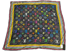 画像をギャラリービューアに読み込む, LOUIS VUITTON ルイヴィトン モノグラム マルチカラー スカーフ M71912 ブラック シルク 村上隆 小物 ロゴ バンダナ 美品 中古 65479