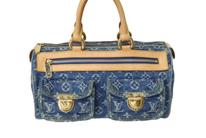 極美品 LOUIS VUITTON ルイヴィトン ネオスピーディ ハンドバッグ モノグラム デニム M95019 ゴールド金具 ブルー ベージュ 中古 65501