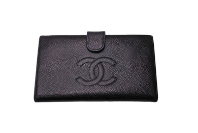 CHANEL シャネル 折り財布 長財布 がま口 デカココ キャビアスキン フランス製 ブラック ゴールド金具 美品 中古 65542