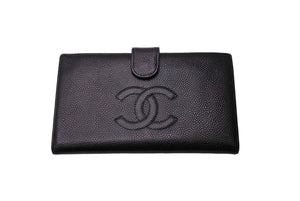 CHANEL シャネル 折り財布 長財布 がま口 デカココ キャビアスキン フランス製 ブラック ゴールド金具 美品 中古 65542