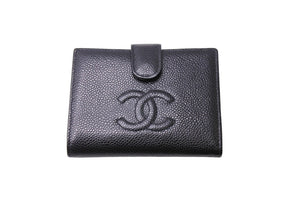 極美品 CHANEL シャネル ココマーク 二つ折り財布 がま口 キャビアスキン 6番台 ゴールド金具 ブラック 中古 65547