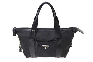 PRADA プラダ トライアングルロゴ ハンドバッグ テスートナイロン レザー イタリア製 ブラック シルバー金具 美品 中古 65551 