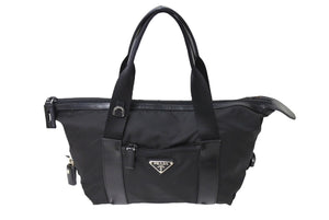 PRADA プラダ トライアングルロゴ ハンドバッグ テスートナイロン レザー イタリア製 ブラック シルバー金具 美品 中古 65551 