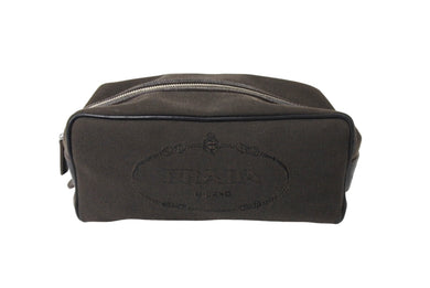 PRADA プラダ ポーチ入れ クラッチバッグ ジャガードロゴ コットンキャンバス レザー ブラウン シルバー金具 美品 中古 65552 
