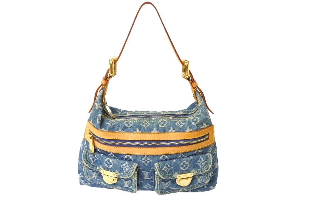 LOUIS VUITTON ルイヴィトン バギーPM ショルダーバッグ M95049 モノグラムデニム レザー ゴールド金具 ブルー 美品 中古 65574