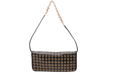 PRADA プラダ バックアクセサリー ポーチ パンチングレザー リングスタッズ トライアングルロゴ ブラック ゴールド 美品 中古 65680 