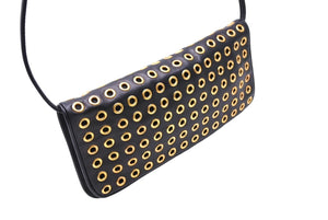 PRADA プラダ バックアクセサリー ポーチ パンチングレザー リングスタッズ トライアングルロゴ ブラック ゴールド 美品 中古 65680 