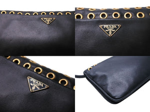 PRADA プラダ バックアクセサリー ポーチ パンチングレザー リングスタッズ トライアングルロゴ ブラック ゴールド 美品 中古 65680 