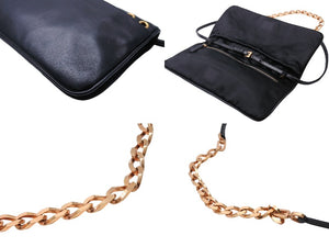PRADA プラダ バックアクセサリー ポーチ パンチングレザー リングスタッズ トライアングルロゴ ブラック ゴールド 美品 中古 65680 