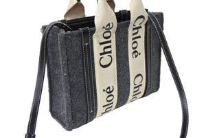 Chloe クロエ ウッディ スモール トートバッグ ハンドバッグ ロゴテープハンドル ファブリック グレー ベージュ 良品 中古 65690