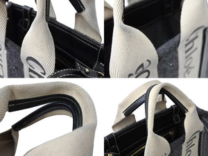 Chloe クロエ ウッディ スモール トートバッグ ハンドバッグ ロゴテープハンドル ファブリック グレー ベージュ 良品 中古 65690