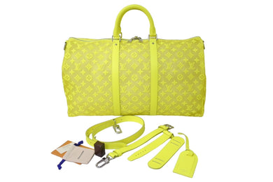 新品同様 LouisVuitton ルイヴィトン キーポル50 ネオンイエローメッシュ M55380 ナイロン カーフ イエロー シルバー 中古 65696