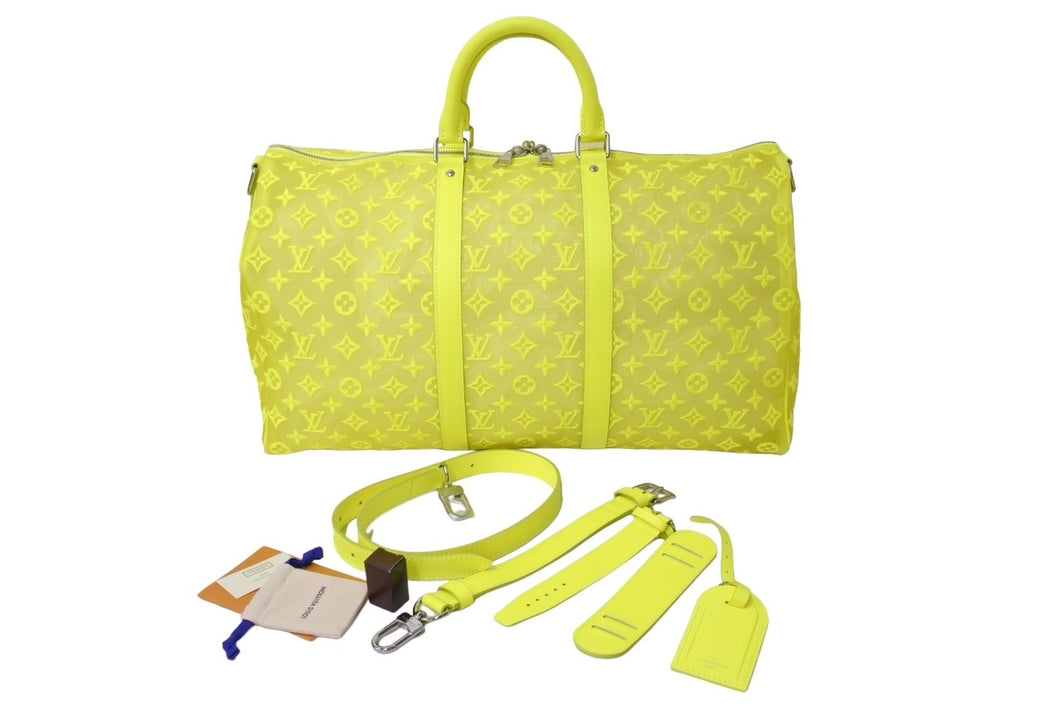 新品同様 LouisVuitton ルイヴィトン キーポル50 ネオンイエローメッシュ M55380 ナイロン カーフ イエロー シルバー 中古 65696