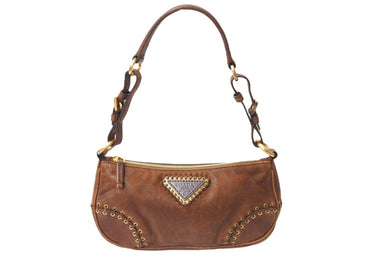 PRADA プラダ ワンショルダーバッグ トライアングルロゴ レザー ブラウン ゴールド金具 イタリア製 美品 中古 65702 