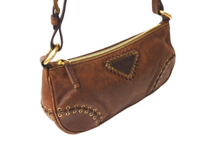 PRADA プラダ ワンショルダーバッグ トライアングルロゴ レザー ブラウン ゴールド金具 イタリア製 美品 中古 65702 