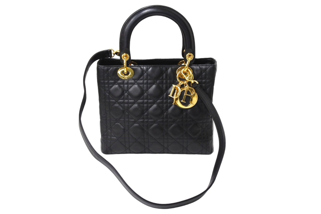 ChristianDior クリスチャンディオール レディディオール ミディアムバッグ 2WAY カナージュ ブラック ラムスキン 美品 中古 65710