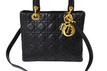 画像をギャラリービューアに読み込む, ChristianDior クリスチャンディオール レディディオール ミディアムバッグ 2WAY カナージュ ブラック ラムスキン 美品 中古 65710