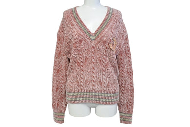 極美品 CHANEL シャネル Vネック長袖ニット 31 ココマーク P73532K10528 イタリア製 カシミヤ混 ピンク サイズ34 中古 65804