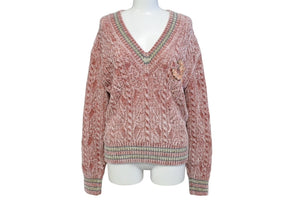 極美品 CHANEL シャネル Vネック長袖ニット 31 ココマーク P73532K10528 イタリア製 カシミヤ混 ピンク サイズ34 中古 65804