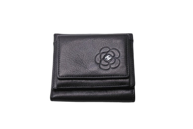 CHANEL シャネル 3つ折り財布 カメリア コンパクト 13番台 型番なし レザー シルバー金具 ブラック 美品 中古 65828