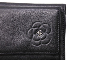 CHANEL シャネル 3つ折り財布 カメリア コンパクト 13番台 型番なし レザー シルバー金具 ブラック 美品 中古 65828