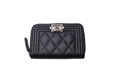 極美品 CHANEL シャネル コインケース 財布 ボーイ ラウンドファスナー キャビアスキン A80602 シルバー金具 ブラック 美品 中古 65829