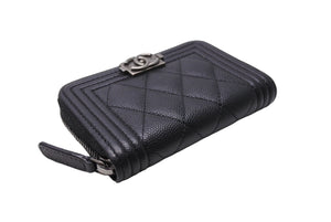 極美品 CHANEL シャネル コインケース 財布 ボーイ ラウンドファスナー キャビアスキン A80602 シルバー金具 ブラック 美品 中古 65829