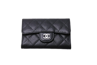 極美品 CHANEL シャネル カードケース ココマーク フラップ 25番台 キャビアスキン マトラッセ シルバー金具 ブラック 美品 中古 65859