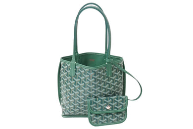 極美品 GOYARD ゴヤール ハンドバッグ アンジュ ミニポーチ付き リバーシブル グリーン ヘリンボーン柄 PVC レザー 中古 65905